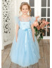 Sky Blue Tulle Puff Sleeves Flower Girl Dress